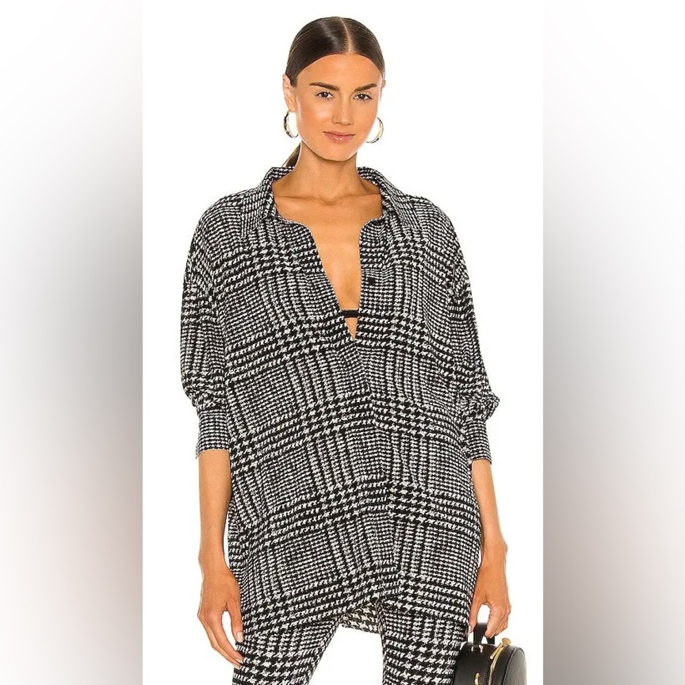 NORMA KAMALI GLENN OVERSIZED BOYFRIEND PLAID LONG SLEEVE TOP BLACK/WHITE MEDIUM